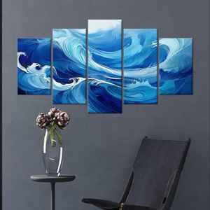 Toile imprimée avec motif d'ondes océaniques abstraites : paysage marin aux coups de pinceau bleus, ensemble de 5 toiles Mx - Product Image 1