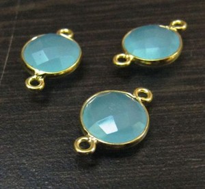 5 Pc Set-: Aqua Chalcedony <b>Coin</b> Shape Connectors Double Loop 10 mm to 11 mm, Briolette Bezel 24Kt Gold Plated - Product Image 4