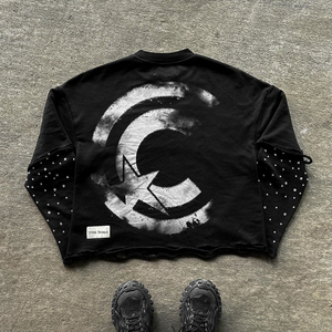 Vintage Distressed Washed Thick Cotton T Shirts Men Customized Screen Printing Logo Double Layer Long Sleeve Rhinestone T-Shirt - Product Image 1