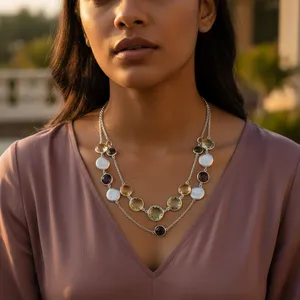 Collier bohème plaqué argent avec perles et pierres de cristal, pendentif rond, bijoux de mode pour femmes - Product Image 3
