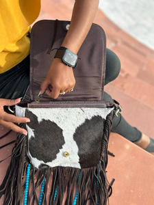 New Western Style Hair on Hide Fur Leather <b>Beads</b> Fringe Bag High Quality Boho Women Leather <b>Turquoise</b> Stone Ideal Size Handbag - Product Image 6