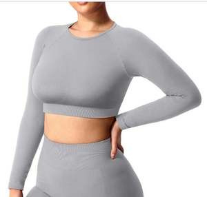 Venta al por mayor de logotipo personalizado suave de manga larga Crop Top Shorts Yoga Active Wear conjuntos de las mujeres sin costuras gimnasio Fitness Sets - Product Image 4