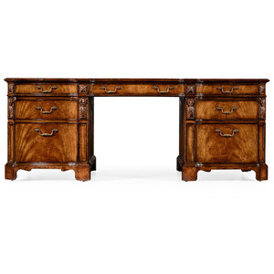 Walnut Brown Solid Wood Rectangle Executive <b>Desk</b> for Two Leather Writing Surface 1-Year Warranty - Product Image 1