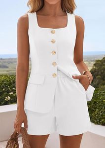 Women White Sleeveless Blazer Top With Shorts <b>Set</b> <b>Square</b> Collar Button Front Casual Spring Summer Solid Color 2 Piece Outfit - Product Image 6