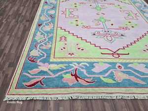 Antique Handknitted Cotton Oushak Rug 8x10 Low Pile <b>Foam</b> Backed PET Friendly Pink Green High Quality Traditional Living Bathroom - Product Image 3