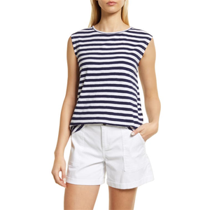 Top in cotone da donna Caslon taglia XS con maniche a cappuccio e fiocco sul collo, a righe blu navy e bianche, traspirante, lavorato a maglia - Product Image 1