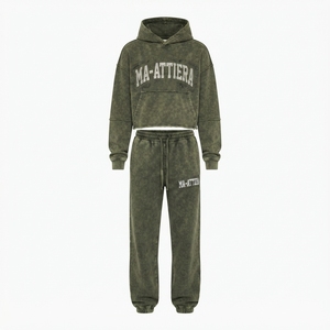 Ensemble survêtement streetwear surdimensionné en molleton de coton vert olive délavé pour femme, personnalisable, vente en gros OEM - Product Image 3