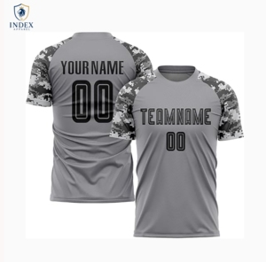 Maillot de football sublimé INDEX APPAREL pour homme, col rond, manches courtes, gris camouflage, anti-humidité, coupe athlétique - Product Image 1