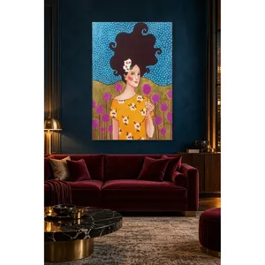 Fida Girl in Yellow Dress Among Purple Pompom Flowers Impression sur toile - Product Image 5
