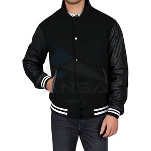 Varsity Letterman Jacket Genuine Leather Sleeves Warm <b>Wool</b> Blend Body Comfort Ribbed Collar and Cuffs Black <b>White</b> Line - Product Image 2