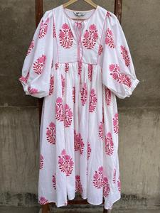 เดรสคลุมเข่าสไตล์โบฮีเมียนทำด้วยมือสำหรับผู้หญิงชุดชายหาดพิมพ์ลายบล็อกสวมใส่สบายๆในทุกฤดูร้อน - Product Image 4