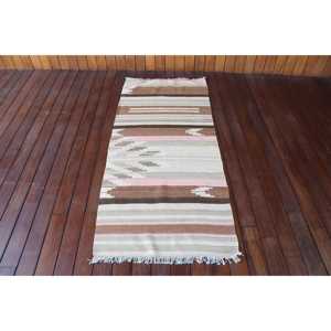 พรมคิลิมวินเทจขนาด 2.3x5.4 ฟุต สีน้ำตาล พรมขนสัตว์ตุรกีลายอิคัต - Product Image 1