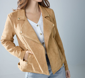 Chaqueta de Moto de Gamuza para Mujer, Color Bronceado, Cierre de Cremallera, Corte Ajustado, Cuello Camisero, Manga Regular, Diseño Sólido, Abrigo de Cuero PU - Product Image 1