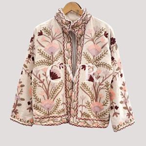 Chaqueta Bohemia con Cuello Mandarín y Bordado Floral, Talla Grande, Ropa Exterior para Mujer, Estilo Casual Otoñal, Manga Larga, Poliéster - Product Image 4