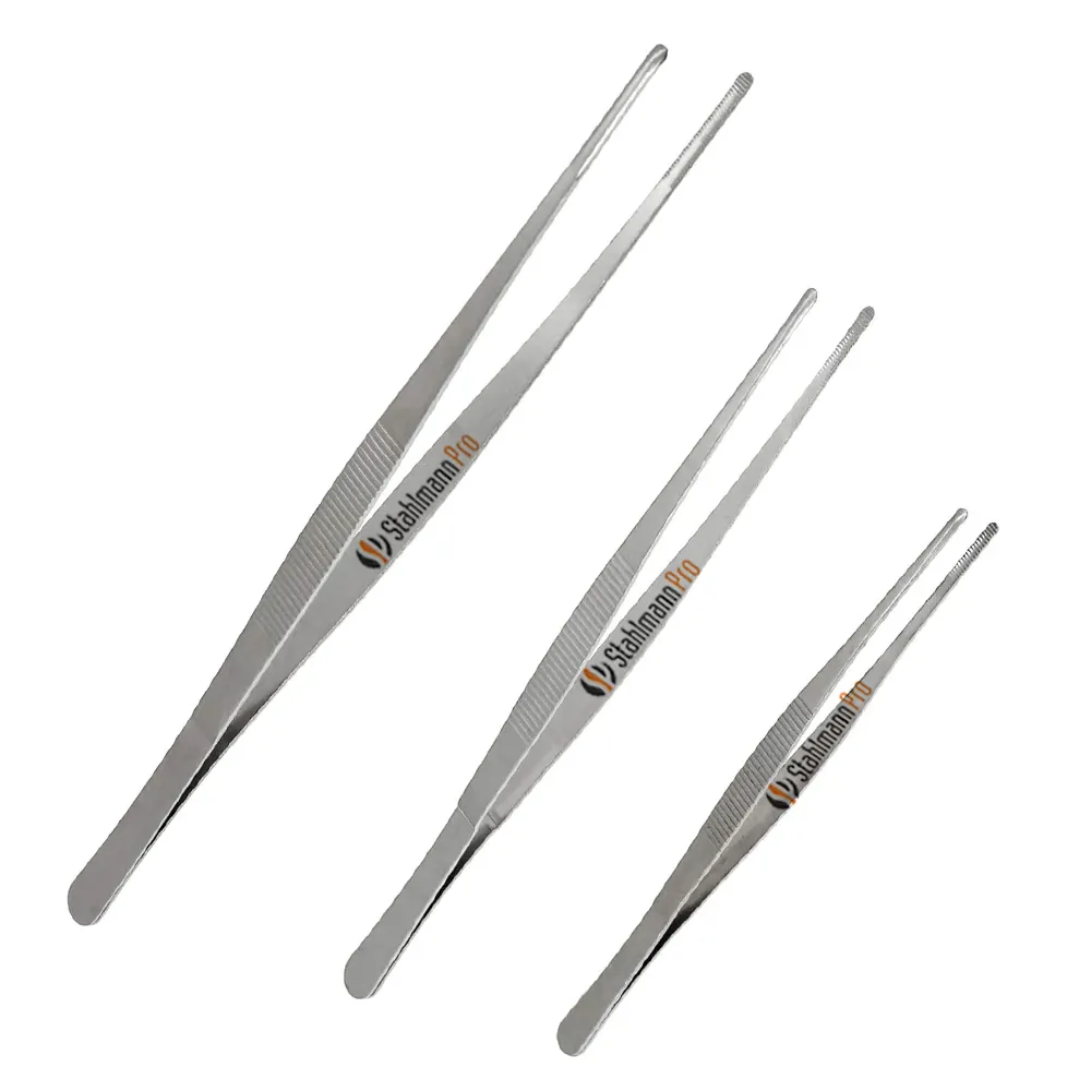 3Pcs Stainless Steel Tweezer Set (8" 10" 12"), Long Tweezers with Precision Serrated Straight Tips, Non-slip Multitool
