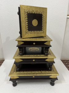 Handmade Handicraft Wooden Half Brass Fitted Inlay Bajot Chowki Set Of 4 For Pooja <b>Unit</b> Wedding Gift Indoor Use Home Decor - Product Image 3