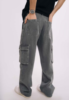 Jean en denim personnalisé, coupe droite et large, délavé, style streetwear vintage hiver, broderie hip-hop, imprimé à boutons, couleur unie