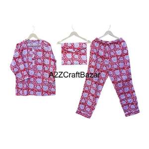 Conjunto de Pijama de Algodón 100% para Mujer, Estampado Floral, Cuello Redondo, Tejido de Punto, Cierre con Cordón, Mangas Cortas, Primavera - Product Image 1