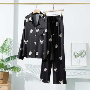 Pijamas de seda personalizados OEM, traje de mujer, ropa de dormir de lujo de manga larga, ropa de casa, pantalones, camisón negro con estampado de primavera y otoño - Product Image 2