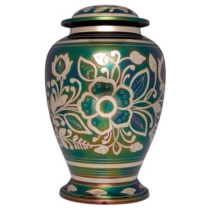 Urna de cremación de latón de diseño antiguo hecha a mano, flor de Metal impresa en offset personalizada tallada en India para cenizas humanas - Product Image 1