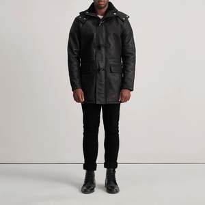 <b>Men's</b> Distressed Black Leather <b>Duffle</b> <b>Coat</b> - Product Image 3