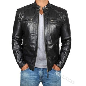 Chaqueta de cuero auténtico para hombre de Europa y América, chaqueta de cuero con ajuste en relieve para motocicleta Punk con cuello de pie para jóvenes - Product Image 1