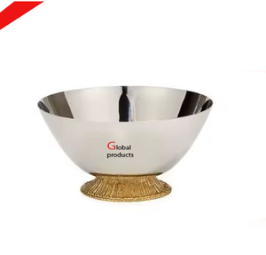 Tazón para servir de acero inoxidable con acabado plateado de aspecto simple con soporte dorado para restaurante y bar de hotel - Product Image 1