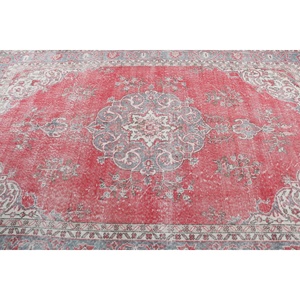 6.3x9.7 ft Vintage Large Rug, <b>Red</b> Blue Turkish Solid <b>Wool</b> Rug - Product Image 5
