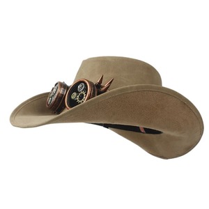 100% Leather <b>Men</b> Steampunk Western Cowboy <b>Hat</b> Gentleman Dad Punk Glasses <b>Fedora</b> Sombrero Hombre Caps Size 58-59CM - Product Image 2