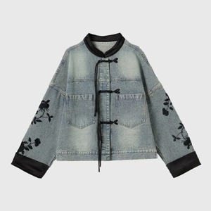 Chaqueta vaquera con cuello mandarín y cadena con cuentas de diamantes estampados para mujer, cárdigan de vaquero de invierno transpirable ecológico - Product Image 1