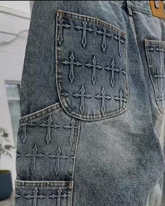 กางเกงขาสั้นผ้ายีนส์แบบปรับแต่งแนวสตรีทสำหรับผู้ชายกางเกงขาสั้นผ้ายีนส์ทรงหลวมลายนูนที่หัวเข่าสองชั้นดีไซน์สำหรับผู้ชาย - Product Image 3