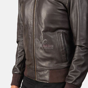 Blouson aviateur en cuir marron unisexe classique authentique à fermeture éclair, style décontracté streetwear, vêtement d'extérieur en toile personnalisé - Product Image 4