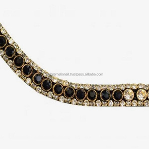 Forme de vague de luxe nouveauté selle épaisse cuir cheval bandeau avec 3 rangées de cristaux noirs ou blancs Designer Diamante Bling - Product Image 2