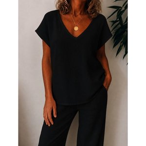 Blusa de manga corta con cuello en V para mujer, 34511 - Negro - Product Image 2