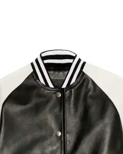 Veste universitaire pour homme en noir et blanc, manches en cuir PU, corps en laine mélangée, col côtelé, boutons pression, streetwear, fabricants OEM personnalisés - Product Image 4