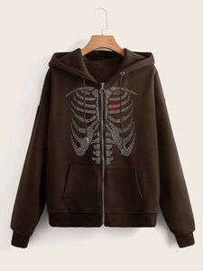 New Fashion Rhinestone <b>Skeleton</b> <b>Full</b> Face Zip Front Logo Winter Heavy Weight <b>Full</b> Zip up Streetwear Hoodie for Men Women - Product Image 3