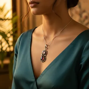 Pendentif unisexe Art Palace Vintage en argent 925 avec grenat et pierre de lune sertis en forme de goutte d'eau, idéal pour le quotidien, style Rajasthan - Product Image 2