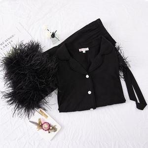 Personalizado Novo Design De Luxo Pijama Das Mulheres Penas De Avestruz Pijamas Casual Manga Longa Modal Loungewear Pijamas Set Mulheres - Product Image 4
