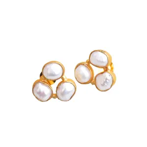 Stud Earring Natural Freshwater Pearl White earring Studs Minimalistic Cute Gold plated 18k fashion jewelry real natural stones