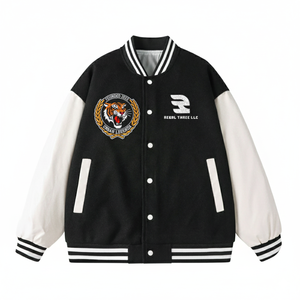 Veste universitaire à manches en cuir pour hommes avec patchs personnalisés Manteau d'hiver à col rond en laine 100% - Product Image 1