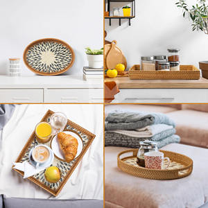 Nouvel arrivage de plateau de service en rotin de café en laque artisanale du Vietnam avec 5 sous-verres en incrustation de nacre - Product Image 4