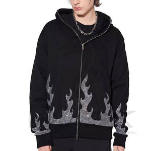 Sweat à capuche noir uni avec strass épais sweat à capuche en coton zippé pour hommes nouvel arrivage - Product Image 1