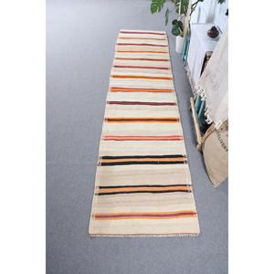 2.6x11.1 ft Vintage <b>Runner</b> <b>Rug</b>, Turkish White Abstract <b>Rug</b> - Product Image 1
