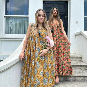 Vestido largo de algodón puro Estampado de bloque indio Sin mangas Verano Elegante Pretty Daywear - Product Image 1