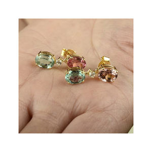 ต่างหูเม็ดเดี่ยวประดับเพชรเม็ดทอง14k แท้สีชมพูสีเขียวทัวร์มาลีนออกแบบทันสมัยสำหรับวันครบรอบแต่งงาน - Product Image 1