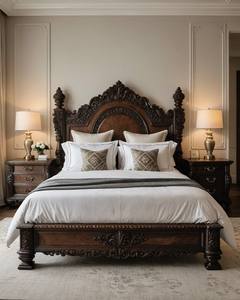 Cama real de madera tallada con madera oscura y postes altos. Disponible a precios mayoristas - Product Image 3