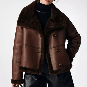 Top Selling Women's Buttoned Closure Brown Shearling <b>Real</b> Leather Jacket Fur <b>Coat</b> Aviator <b>Sheepskin</b> Leather Bomber Jacket - Product Image 5