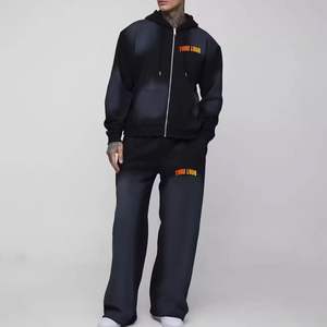 Unisex Custom Blue <b>Zip</b> Hoodie Wide Jogger Tracksuit Set Oversized Boxy Design Front Embroidery Print Streetwear Wash Plus Winter - Product Image 3