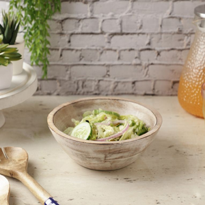 <b>Small</b>, distressed whitewash/shabby chic wooden <b>bowl</b> for salads, dips, or snacks with a rustic, farmhouse aesthetic - Product Image 1