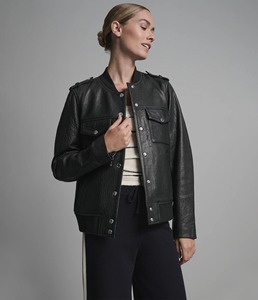Black Collarless <b>Leather</b> <b>Bomber</b> <b>Jacket</b> <b>Women</b> Regular Zipper Crew Neck Boxy Fit Trendy Casual Winter Outerwear Cotton Lining - Product Image 3